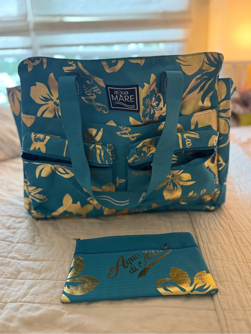 Teal Tote Bag with Gold Floral Accents and Matching Pouch